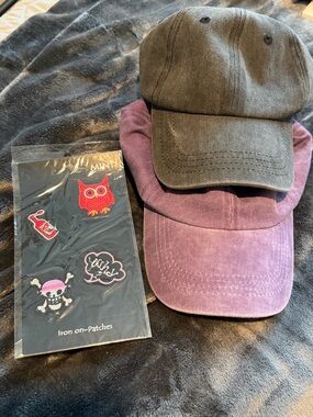 2 adult new  Baseball Caps (Purple and Charcoal) with iron on patches